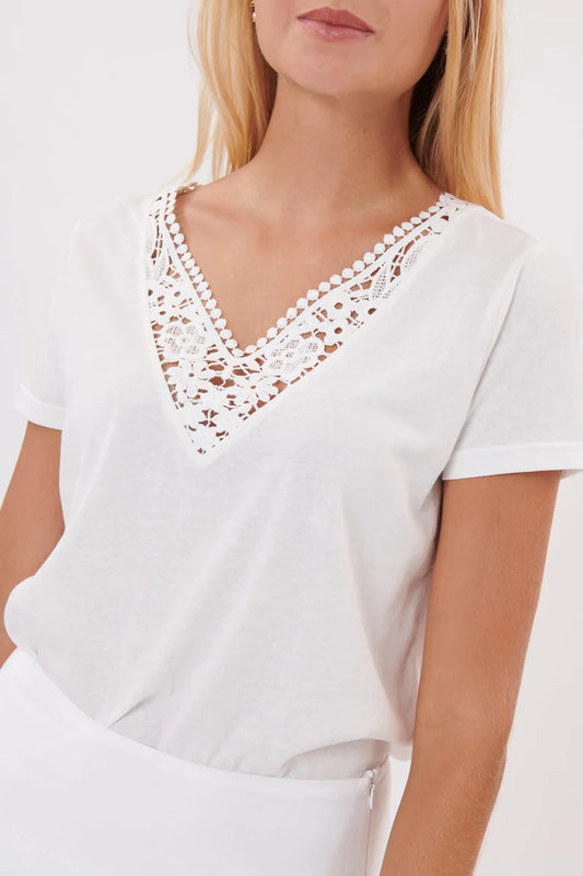 DERHY - Short Sleeved V-Neck T-Shirt with  Lace White 1