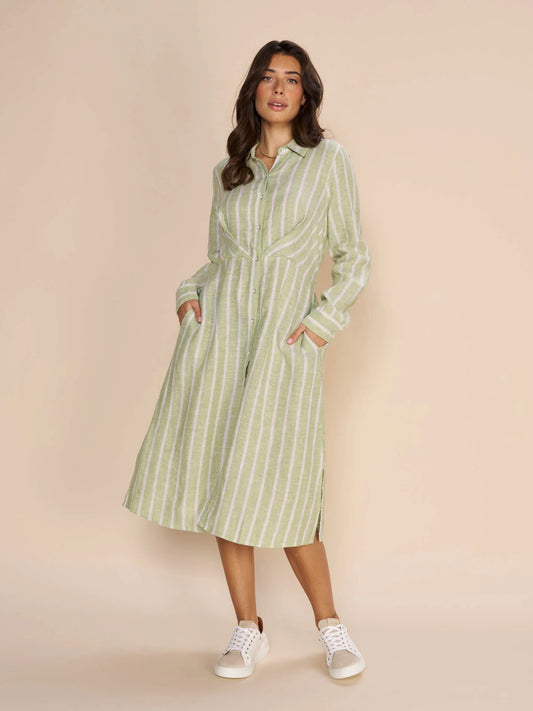 Mos Mosh - MMKorina Striped Linen Dress smoke green outfit