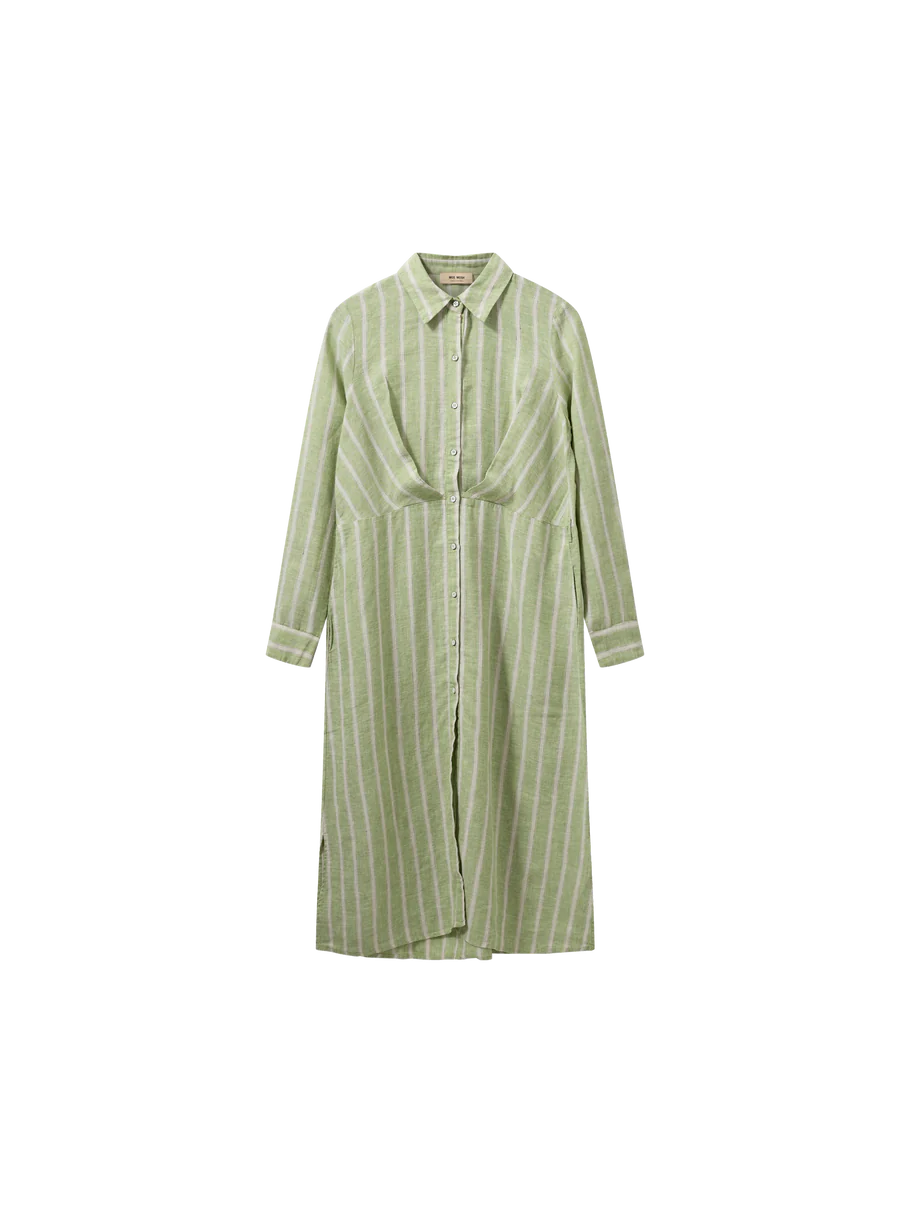 Mos Mosh - MMKorina Striped Linen Dress smoke green front