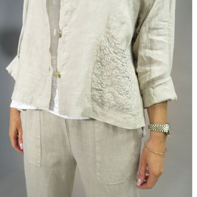 DECK By Decollage Linen Jacket with Embroidered Pocket in Beige Close Up